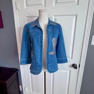 Lady Noiz Blue Denim Rhinestone Cowboy Boot Western Jacket Medium Wash Womens M
